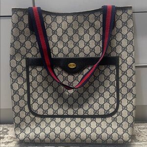 GUCCI GG Canvas Sherry Line Tote Bag Navy Red Auth